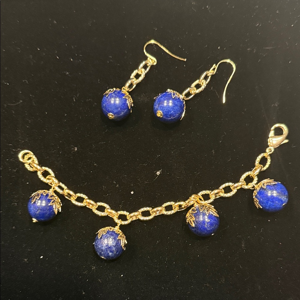 Blue Lapis and gold plated bracelet, and earring Jewelry Set